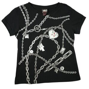 Biker Design Black Chain Graphic Tee Heart Rhinestone Short Sleeve XL Womens